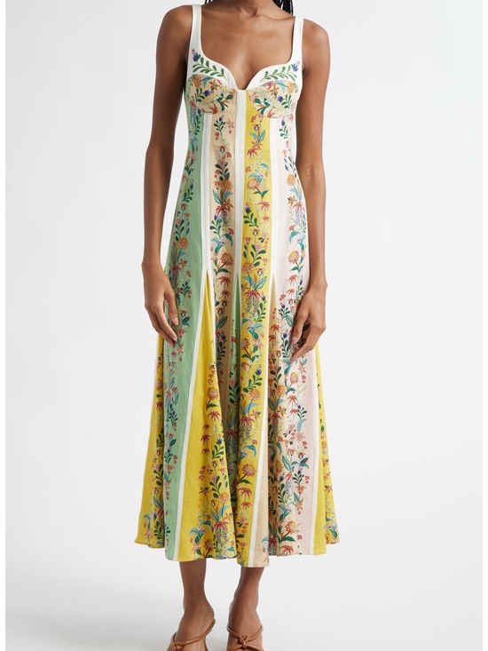 FARM Rio Dresses & Skirts - FARM RIO Floral Striped Midi Dress in Yellow and Cream